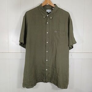 Lacoste Linen Short Sleeve Button Up Croc Logo Shirt Mens 2XL Olive Green CH5699